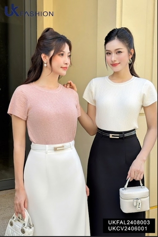 Áo Len Gân Cổ Tròn Cộc Tay UK Fashion Công Sở Nữ Thanh Lịch, Vải Mềm Mịn UKFAL2408003