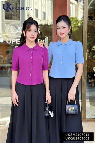 Áo Sơ Mi Cổ Sen 7 Mảnh Cúc Hoa UK Fashion Công Sở Nữ Thanh Lịch, Vải Mềm Mịn UKSM2407014