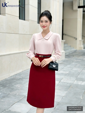 Sơ mi cổ sen nhọn dài tay cúc ngọc xinh xắn, dễ mặc UKSM2407015