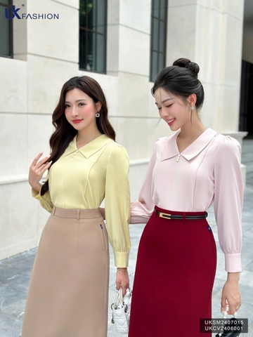 Sơ mi cổ sen nhọn dài tay cúc ngọc xinh xắn, dễ mặc UKSM2407015