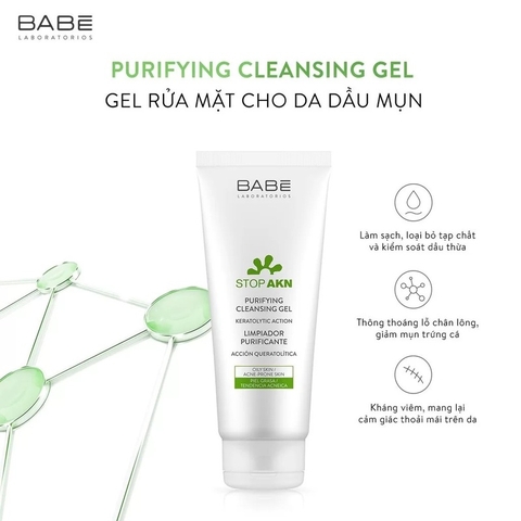 Sữa rửa mặt BABE Stop AKN Purifying Cleansing Gel cho da dầu mụn - 100ml