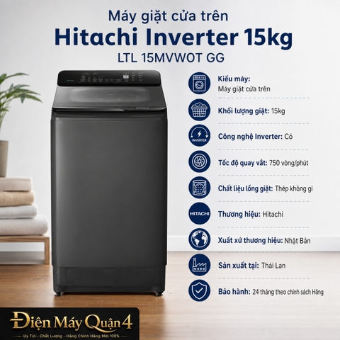 Máy giặt cửa trên Hitachi Inverter 15kg LTL 15MVW0T GG