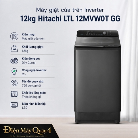 Máy giặt cửa trên Inverter 12kg Hitachi LTL 12MVW0T GG