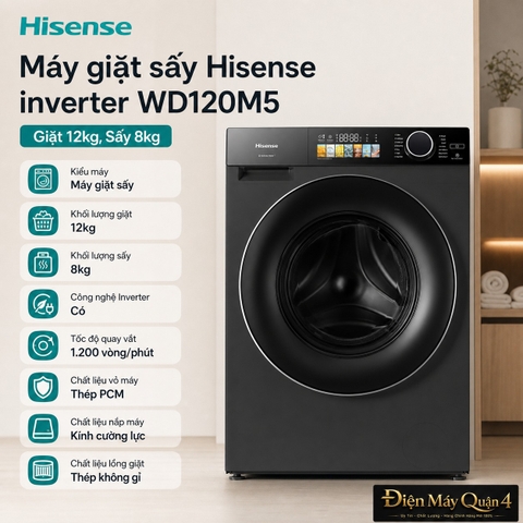 Máy giặt sấy Hisense inverter WD120M5 (Giặt 12kg, Sấy 8kg)