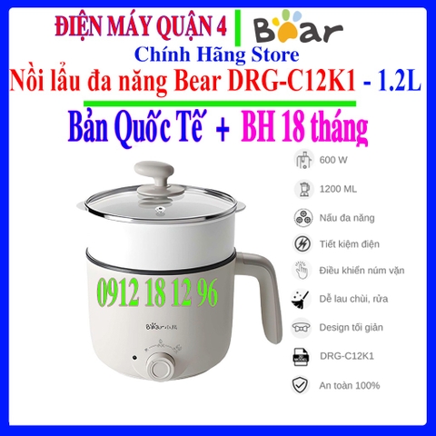 Nồi Điện Mini Đa Năng 1.2 Lít Bear DRG-C12K1 - Hàng chính hãng - Bản Quốc Tế