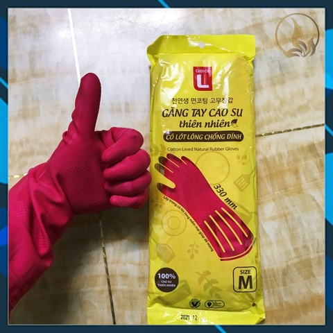 Găng Tay Cao Su Thiên Nhiên Choice L Lotte, Có Lót Lông Chống Dính, Size M, Dài 33CM (HCM)