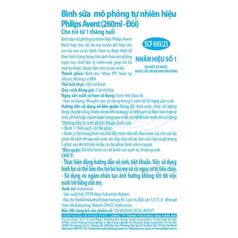 Philips Avent  Bình sữa mô phỏng tự nhiên 260ml - đôi SCF693.23