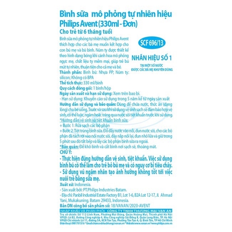 (SCF696.13) Bình sữa mô phỏng tự nhiên 330ml/đơn cho trẻ từ 6T tuổi