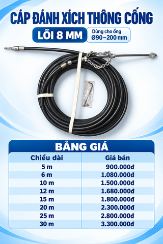 Cáp đánh xích lõi 8mm thông cống-Dụng cụ thông cống bằng máy khoan