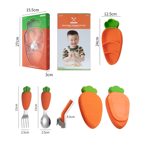 Khay ăn dặm cho bé silicon Carot kèm thìa dĩa và ống hút