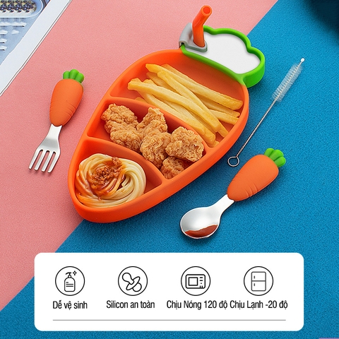 Khay ăn dặm cho bé silicon Carot kèm thìa dĩa và ống hút