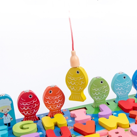 Bộ đồ chơi bảng gỗ 7N1 xếp hình, chữ cái và số,câu cá thông minh