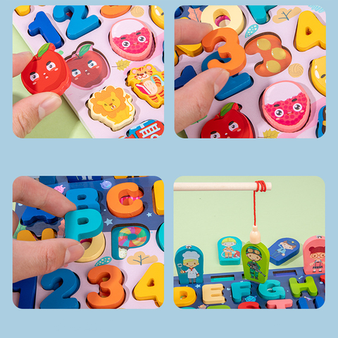 Bộ đồ chơi bảng gỗ 7N1 xếp hình, chữ cái và số,câu cá thông minh