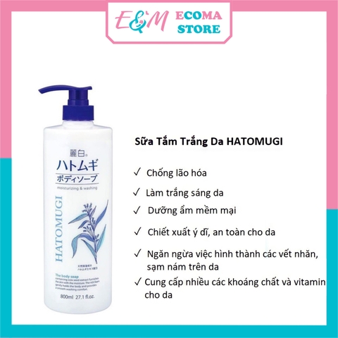 SỮA TẮM TRẮNG DA TOÀN THÂN DƯỠNG ẨM THIÊN NHIÊN Ý DĨ HATOMUGI NHẬT BẢN 800ML ECOMA