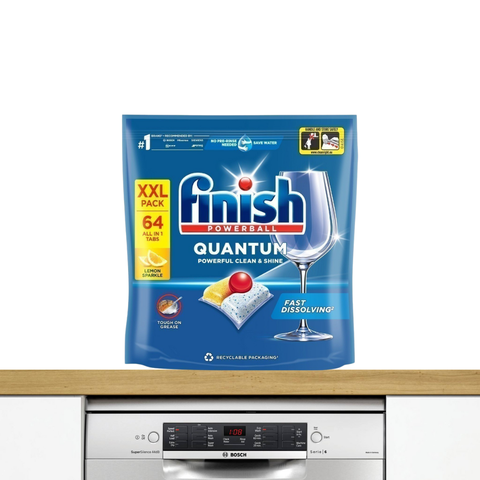 Túi 64 viên rửa chén Finish Quantum All in 1 2025 – 12 tính năng – Dành cho máy rửa chén 12-13 bộ trở lên
