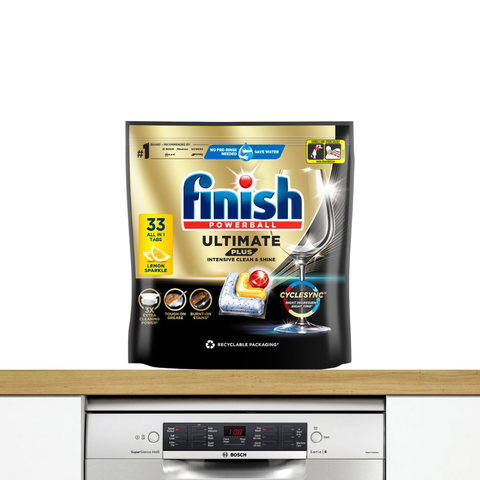 Túi 33 viên rửa chén Finish Ultimate PLUS Hương Chanh 2025 – 14 tính năng MỚI – Dành cho máy rửa chén 12-13 bộ trở lên