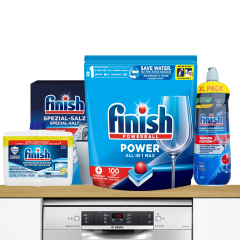 Combo 4 món Finish Tiết Kiệm: Túi 100 viên All in 1 + nước làm bóng 800ml + muối 1.5kg + vệ sinh máy 250ml
