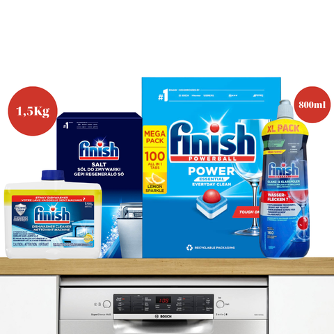 Combo 4 món tối ưu Finish: 100 viên Essential, muối 1,5kg, nước làm bóng 800ml, vệ sinh máy 250ml