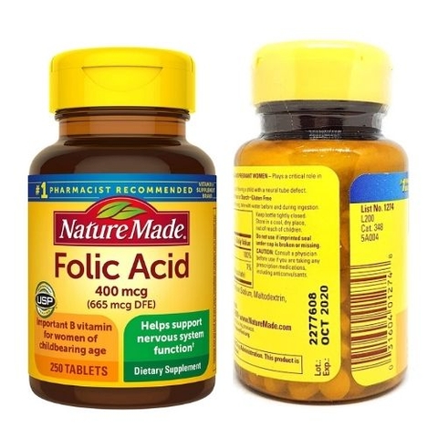 Viên Uống Hỗ Trợ Bổ Sung Acid Folic 400mcg Nature Made Cho Bà Bầu Lọ 250