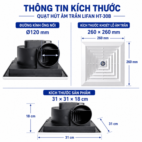 Quạt Hút Âm Trần LIFAN HT-30B 28W – Gió 800m³/h, Ống Ø120mm
