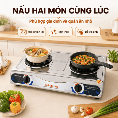 Bếp Gas Đôi Namilux Mặt Inox DMN-68KPS (NA-682DSM) – Đánh Lửa Magneto