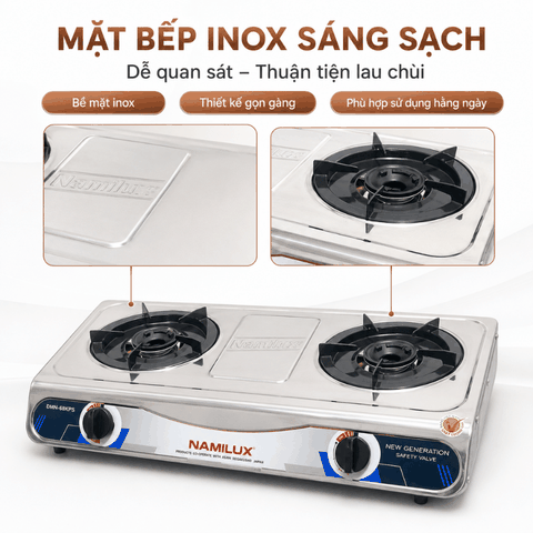 Bếp Gas Đôi Namilux Mặt Inox DMN-68KPS (NA-682DSM) – Đánh Lửa Magneto
