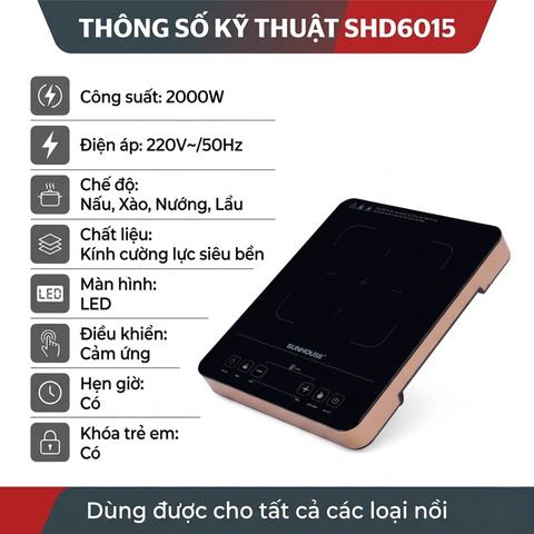 Bếp hồng ngoại cảm ứng SUNHOUSE SHD6015 2000W dùng mọi loại nồi