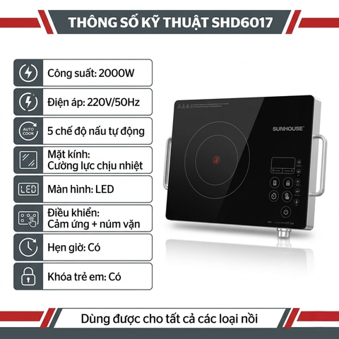 Bếp hồng ngoại cảm ứng SUNHOUSE SHD6017 2000W dùng mọi loại nồi