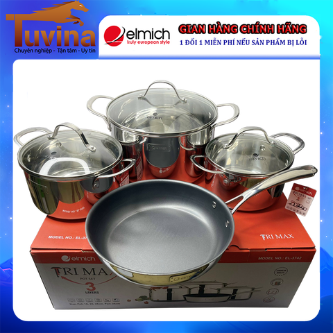 Bộ nồi chảo inox 3 lớp đáy liền Elmich EL-3742