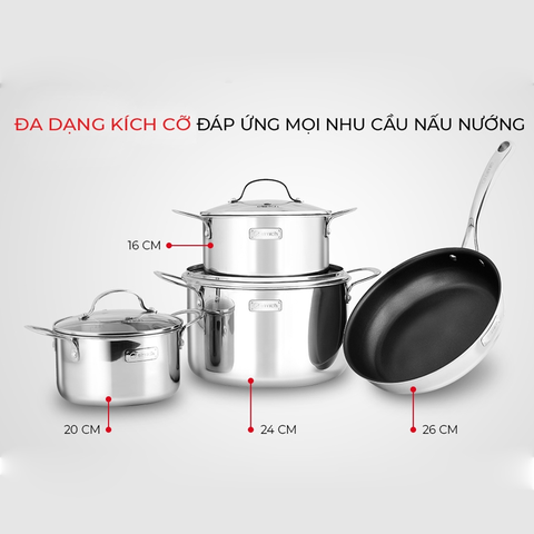 Bộ nồi chảo inox 3 lớp đáy liền Elmich EL-3742