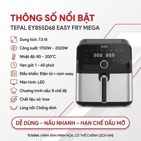 Nồi Chiên Không Dầu Tefal EY855D68 7.5L Easy Fry Mega Chính Hãng