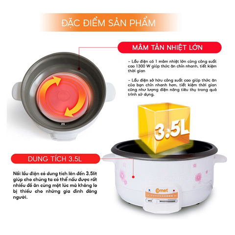 Nồi Lẩu Điện Comet CM7731 3.5 Lít – Chống Dính, Nắp Kính, Nấu Đa Năng