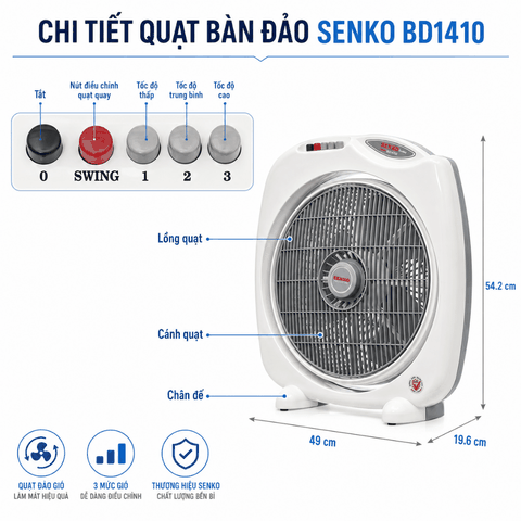 Quạt Bàn Đảo Senko BD1410 47W – Cánh 34cm, Tản Gió Tự Động