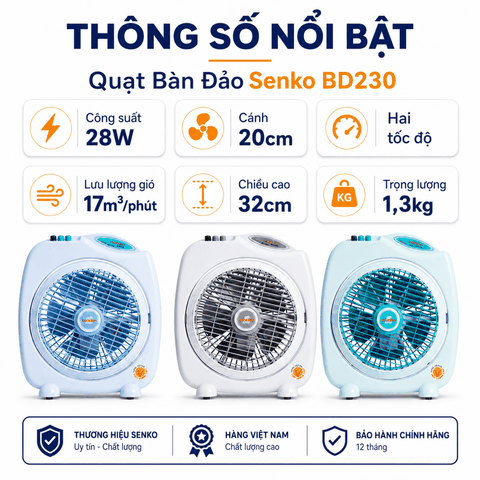 Quạt Bàn Đảo Senko BD230 28W – Cánh 20cm, 2 Tốc Độ