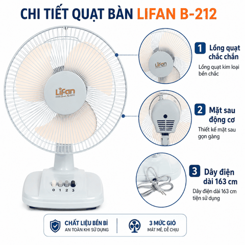 Quạt Bàn LIFAN B-212 35W – Cánh 30cm, 3 Tốc Độ