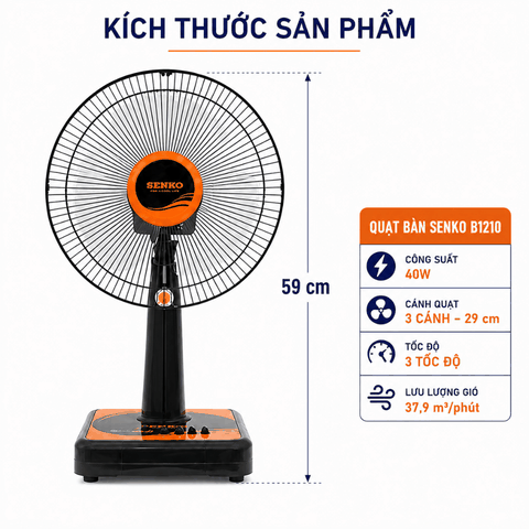 Quạt Bàn Senko B1210 40W – 3 Cánh 29cm, 3 Tốc Độ