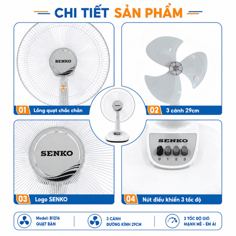 Quạt Bàn Senko B1216 40W – 3 Cánh 29cm, 3 Tốc Độ