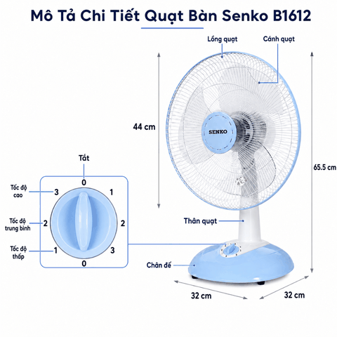 Quạt Bàn Senko B1612 47W – Cánh 39cm – 3 Tốc Độ