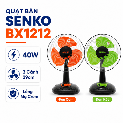 Quạt Bàn Senko BX1212 40W – 3 Cánh 29cm, Lồng Mạ Crom