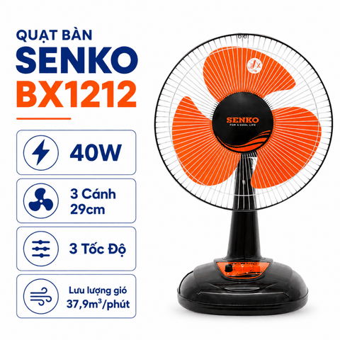 Quạt Bàn Senko BX1212 40W – 3 Cánh 29cm, Lồng Mạ Crom