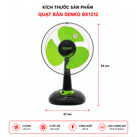 Quạt Bàn Senko BX1212 40W – 3 Cánh 29cm, Lồng Mạ Crom