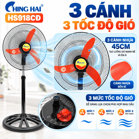 Quạt Đứng CHING HAI HS918CĐ 65W – 3 Cánh, Sải Cánh 45cm