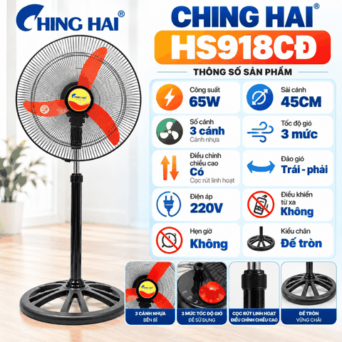 Quạt Đứng CHING HAI HS918CĐ 65W – 3 Cánh, Sải Cánh 45cm
