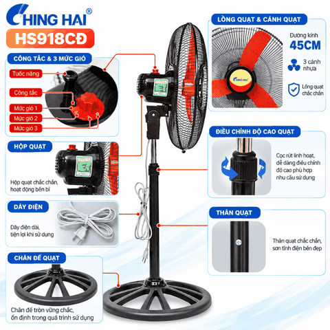 Quạt Đứng CHING HAI HS918CĐ 65W – 3 Cánh, Sải Cánh 45cm