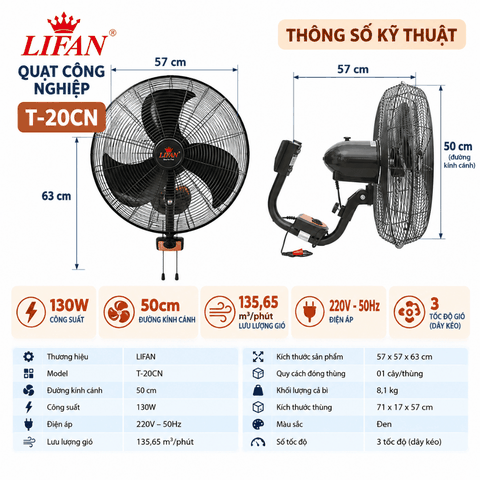 Quạt Công Nghiệp LIFAN T-20CN 130W – Cánh 50cm, Gió Mạnh