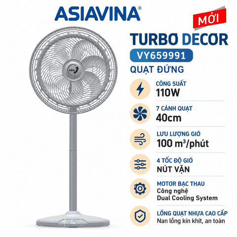 Quạt Đứng ASIAVINA Turbo Decor VY659991 110W – 7 Cánh 40cm, Màu Xám