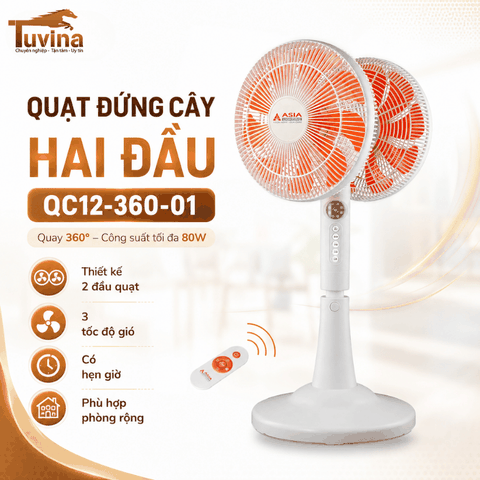 Quạt Đứng Cây Hai Đầu Asia Lighting QC12-360-01 Quay 360°, Công Suất Tối Đa 80W