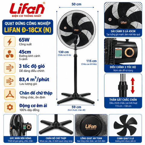 Quạt Đứng Công Nghiệp LIFAN Đ-18CX (N) 65W – 3 Cánh 45cm