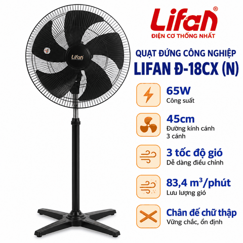 Quạt Đứng Công Nghiệp LIFAN Đ-18CX (N) 65W – 3 Cánh 45cm