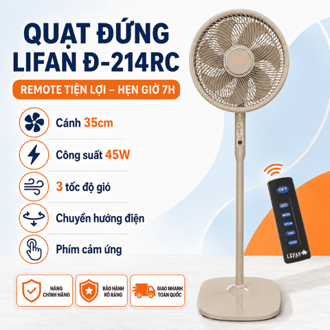 Quạt Đứng LIFAN Đ-214RC Có Remote, Hẹn Giờ 7H, Cánh 35cm